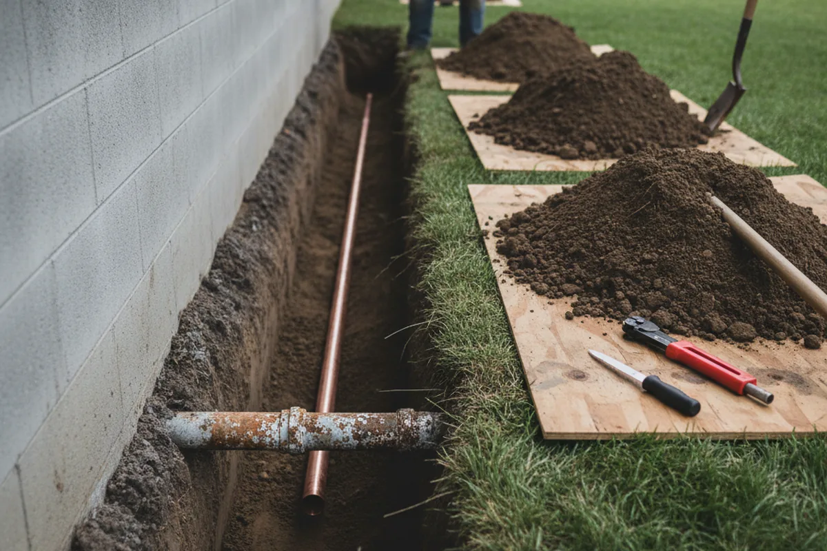 Excavated water line trench during Water Heater Repair in Mantua